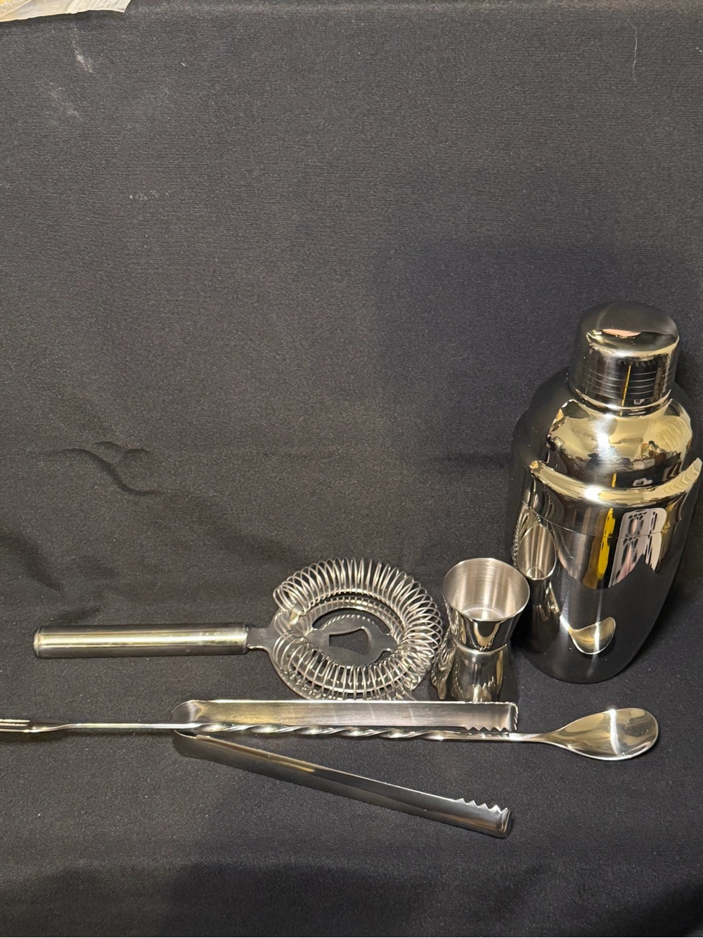 5-Piece Stainless Steel Silver Bartender Kit: Shaker, Jigger, Strainer, Tongs